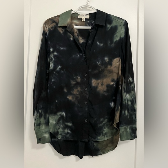 Cloth & Stone Anthropologie Tie-Dye Button down Shirt - Black Motif Green Brown - Picture 2 of 6